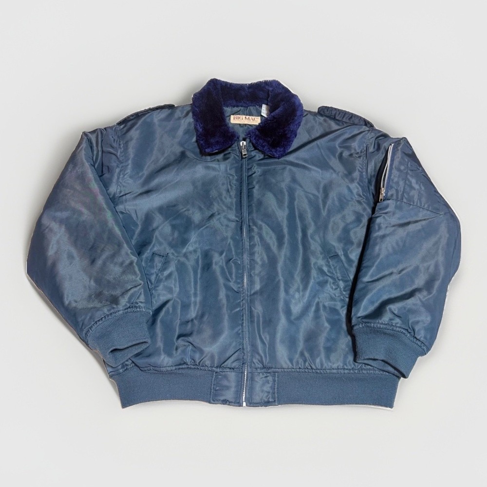 Big Mac Bomber Jacket Large Vintage Workwear Nylon Navy Blue Fur Collar satin